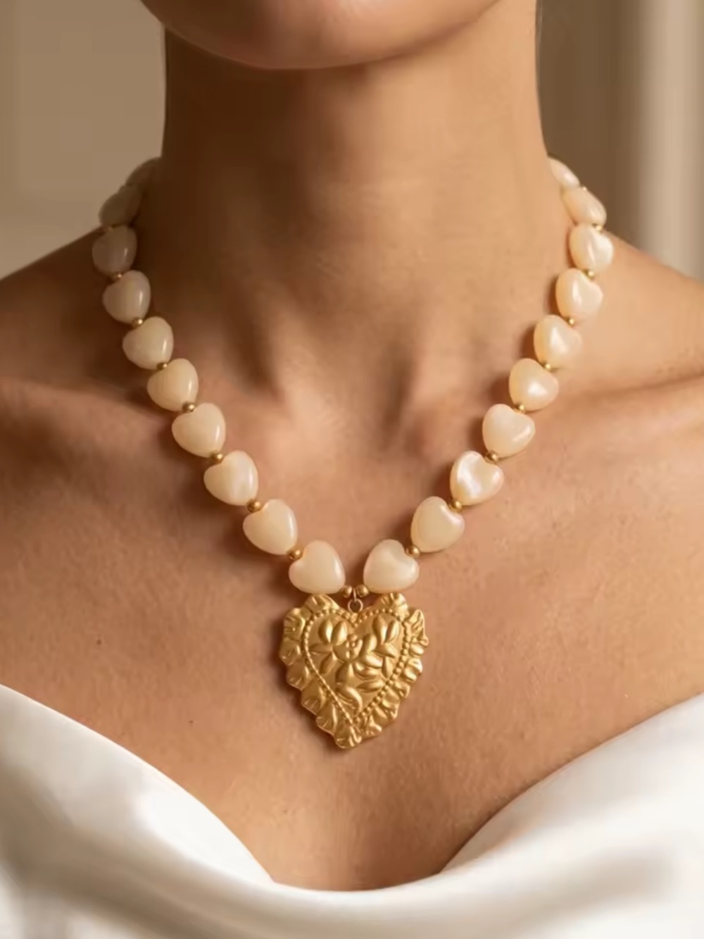 Cream Heart-Bead Necklace with Gold Floral Heart Pendant